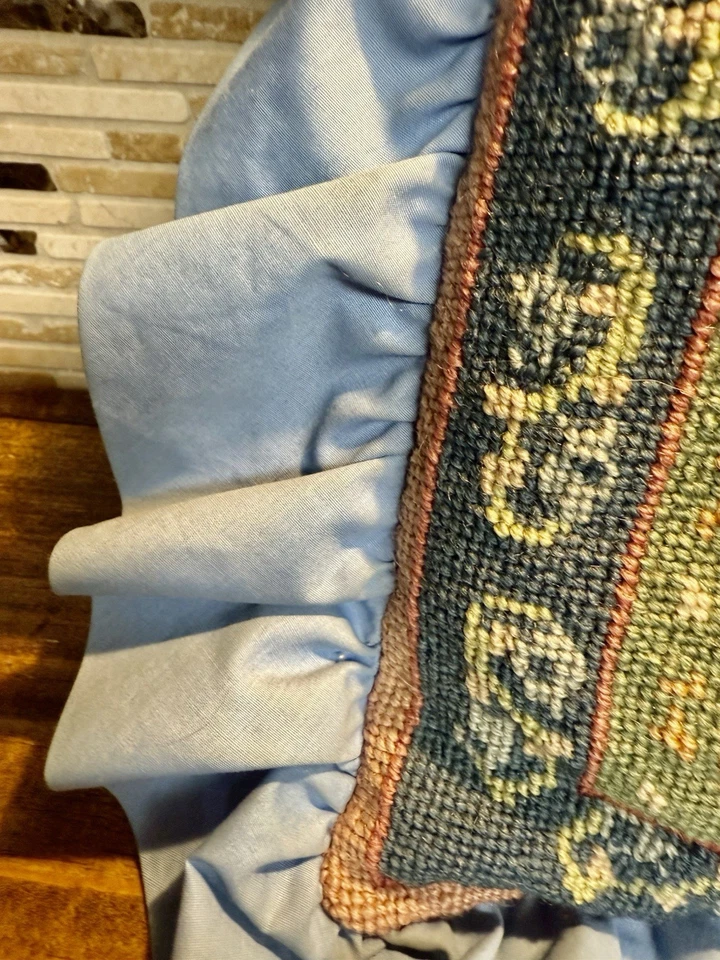 Vintage Hand Embroidered Ivory Butterfly Throw Pillow Pink Blue Ruffled Trim - Image 4 of 4