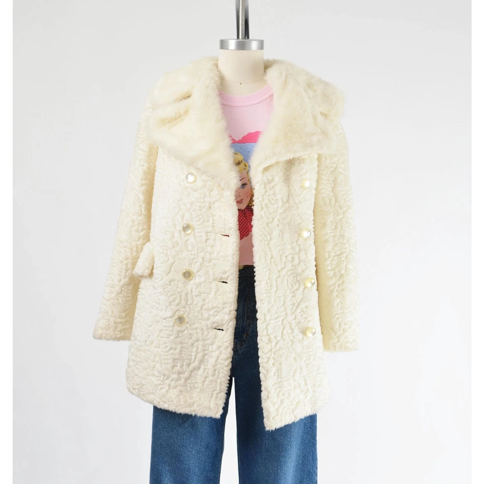Chaqueta Retro Mod Cordero Persa Piel Sintética Crema Años 60 Abrigo Doble Pecho Foto 2 de 4