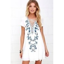 Lulus Down in Kokomo White and Blue Embroidered Lace-Up Dress S
