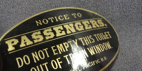 CPRR Brass Railroad Sign Central Pacific Passengers Do Not Empty Toilet Train - Picture 4 of 9