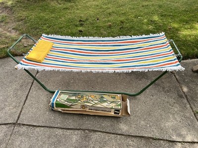 Vintage MCM Algoma Net Co Leisure Time Hammock Colorful Stripe Metal Frame EUC!