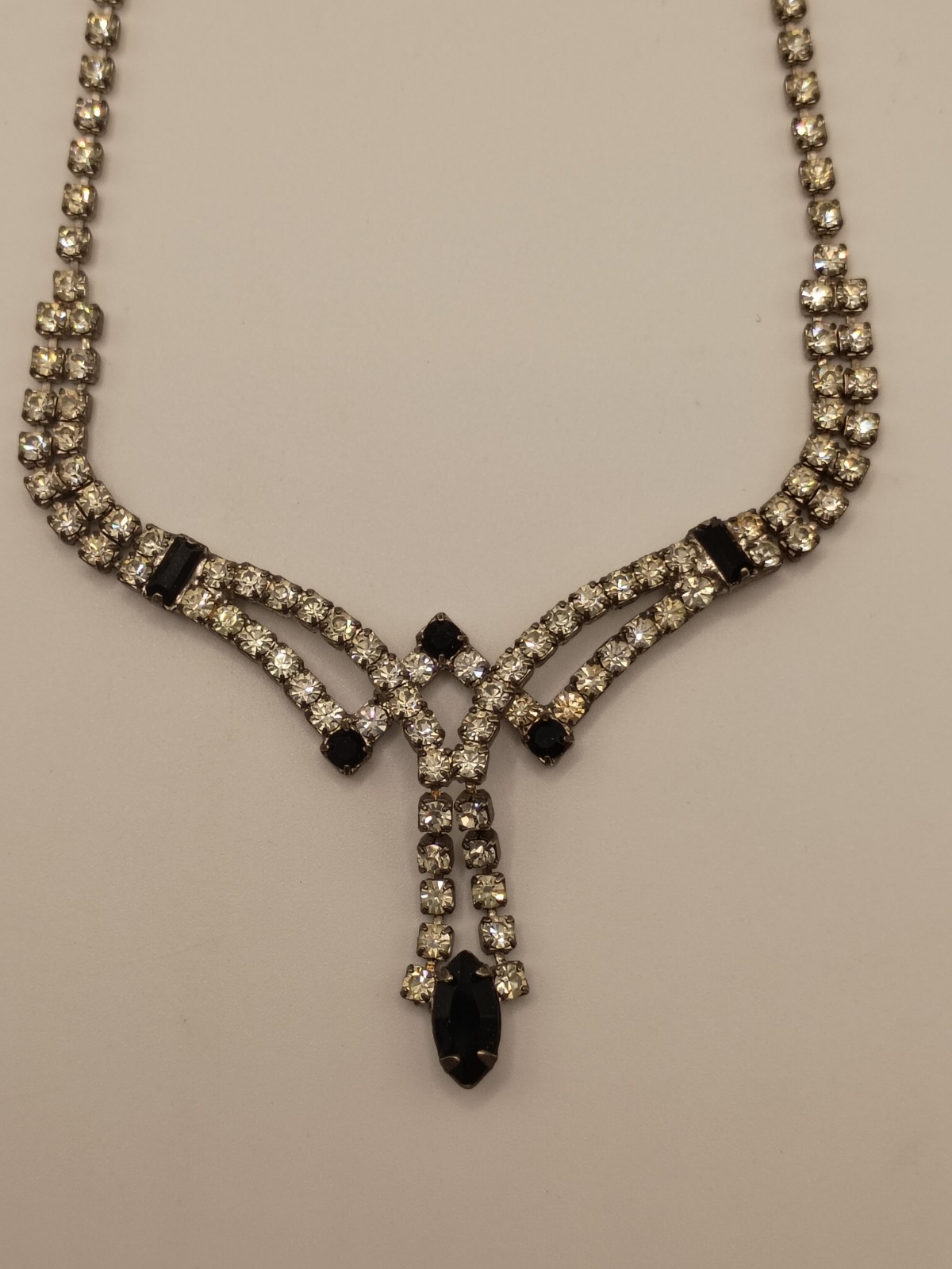 Vintage Rhinestone Choker Necklace Black Y Drop Bridal Prom Silver Tone 16