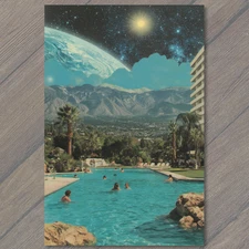 Art Print Retro Pool Planet Sky Fantasy Space Resort Sci Fi Mountains Strange