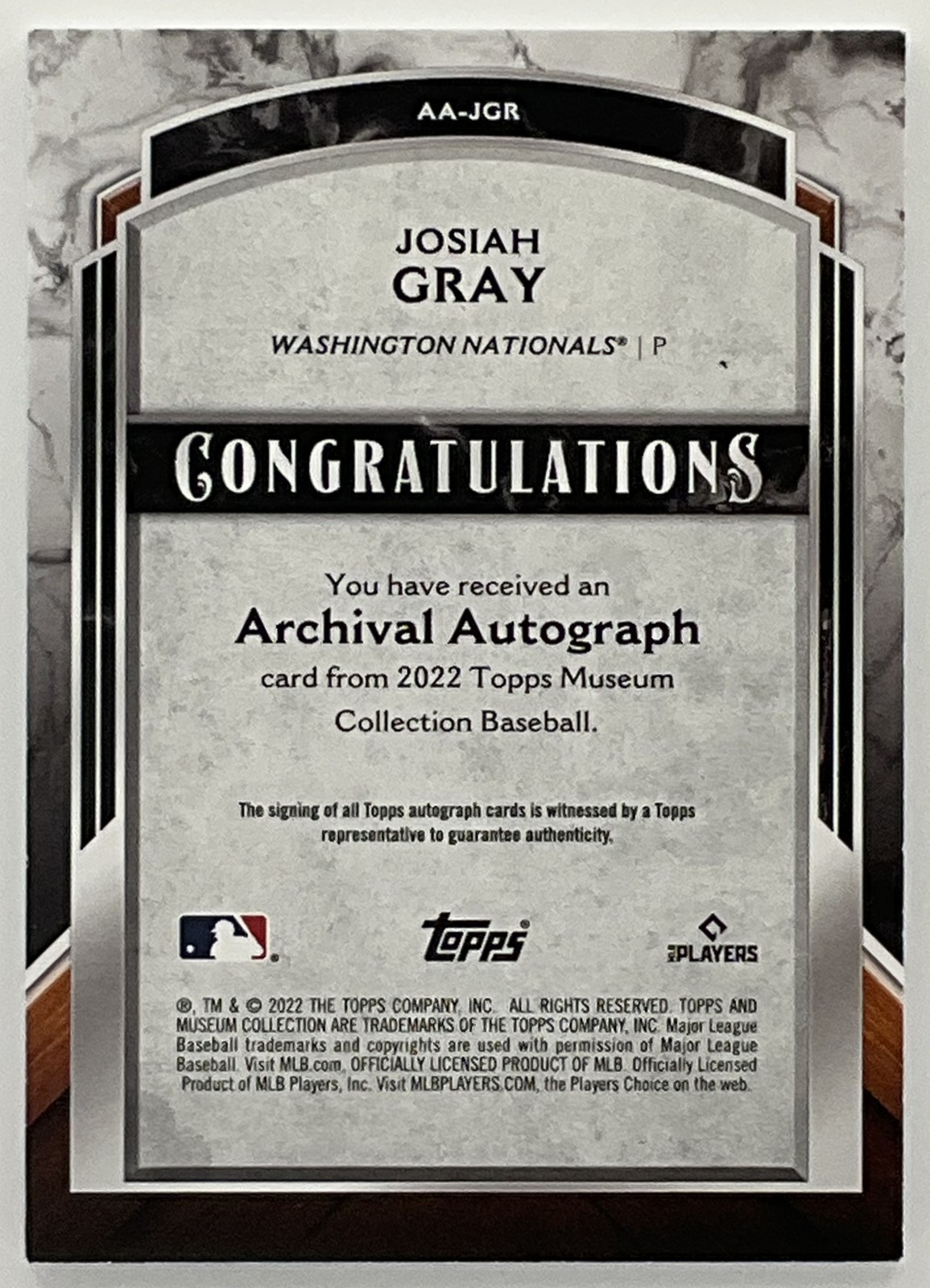 2022 Topps Museum Collection Josiah Gray Archival Auto 1/1 Nationals view 2