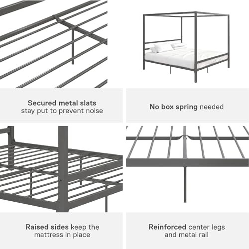 DHP King Metal Canopy Bed, Modern Design with Built-In Headboard, Sturdy Frame