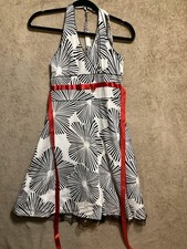 Vintage City Triangles Halter Dress Black & White Floral Print  Red Tie Size 7