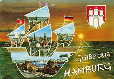 Postcard Ship Multi View Locations Flag Grube aus Hamburg Greetings Germany