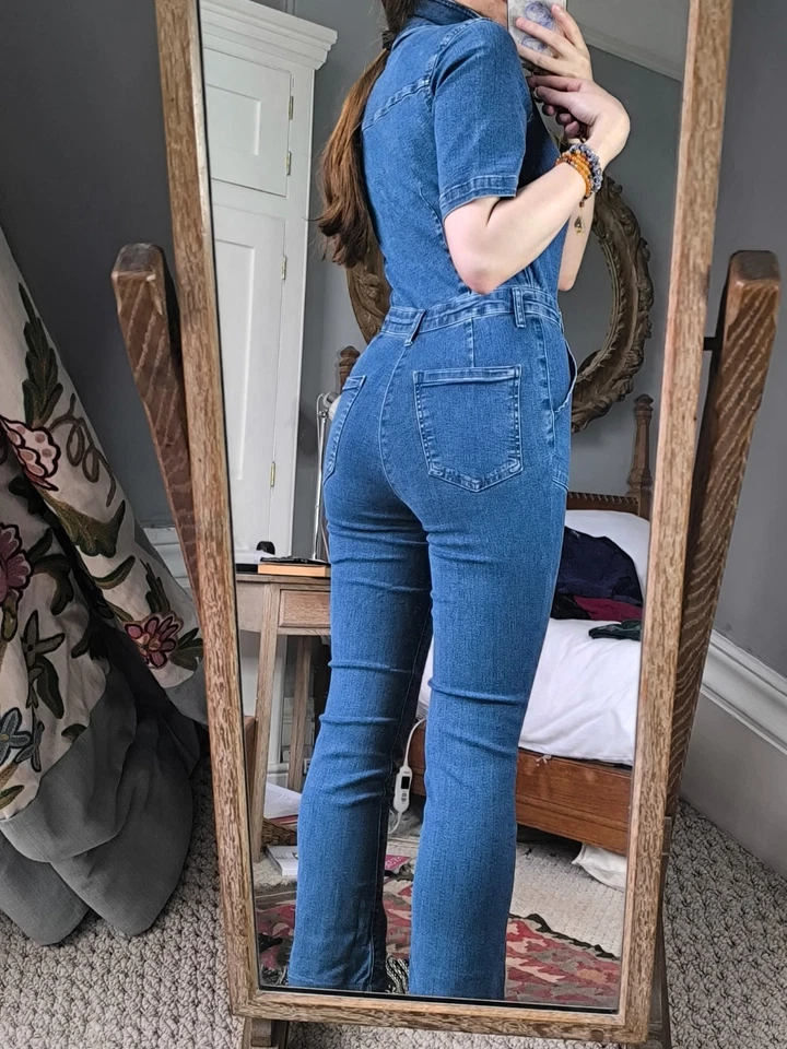 Macacão Mango MNG azul com zíper denim manga curta sexy lisonjeiro tamanho M - Imagem 2 de 4