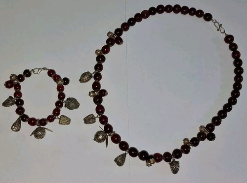 Vintage Silver Necklace And Bracelet Amber Cherry Balls