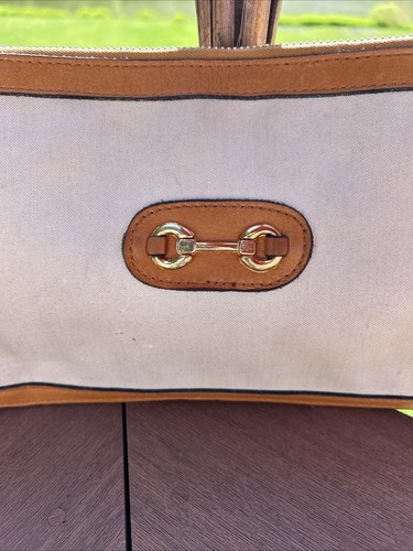 Seltene sehr coole Vintage Reitsport Thema Canvas und hellbraun Leder Clutch Handtasche - Bild 5 von 12