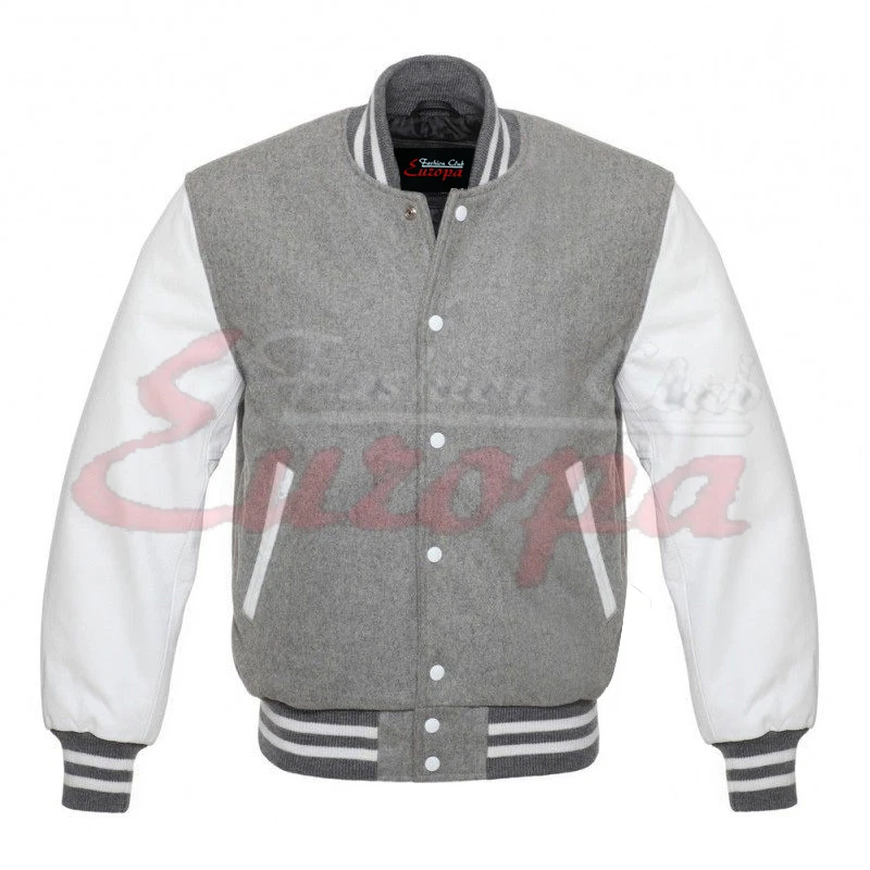 Light Grey Varsity Letterman Bomber Wool Jacket with White Real Leather Sleeves