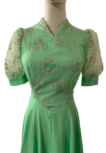 Vintage 70er Jahre Cottage Core Prairie grün langes Maxi Organza Kleid bestickt - Bild 3 von 19