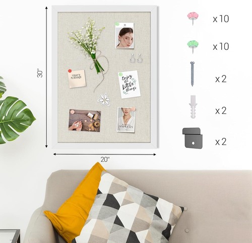 Linen & Wood Framed 30" x 20" White Cork Board with Pushpins Included - Picture 8 of 10
