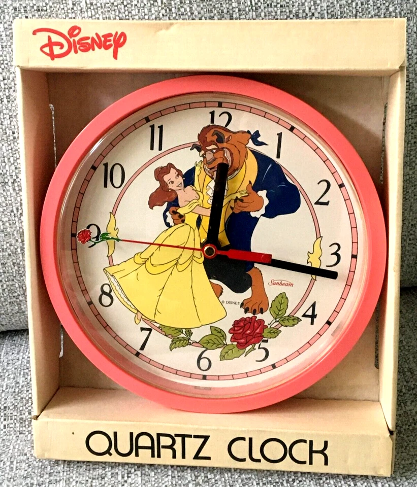 RELOJ DE PARED BELLA Y LA BESTIA Disney Rosa DISNEYLAND RECUERDO 1991 Sunbeam De Colección Foto 4 de 4