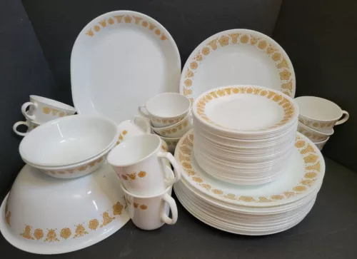 71 pc Corelle Corning Butterfly Gold Platter Dinner Bread Plates Bowls Cups
