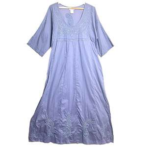 SOFT SURROUNDINGS Cotton Embroidered Blue Lagenlook Maxi Dress Pockets Petite M