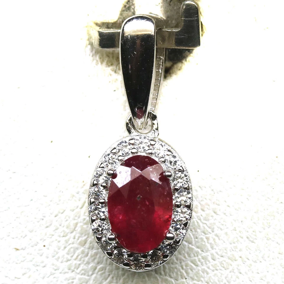 Ciondolo Argento Sterling 925 Placcato Oro Bianco con Rubino naturale rosso - Immagine 2 di 3