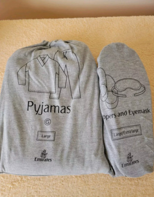 Emirates First Class Pajamas Slippers and Eye Mask. Large. Sealed.