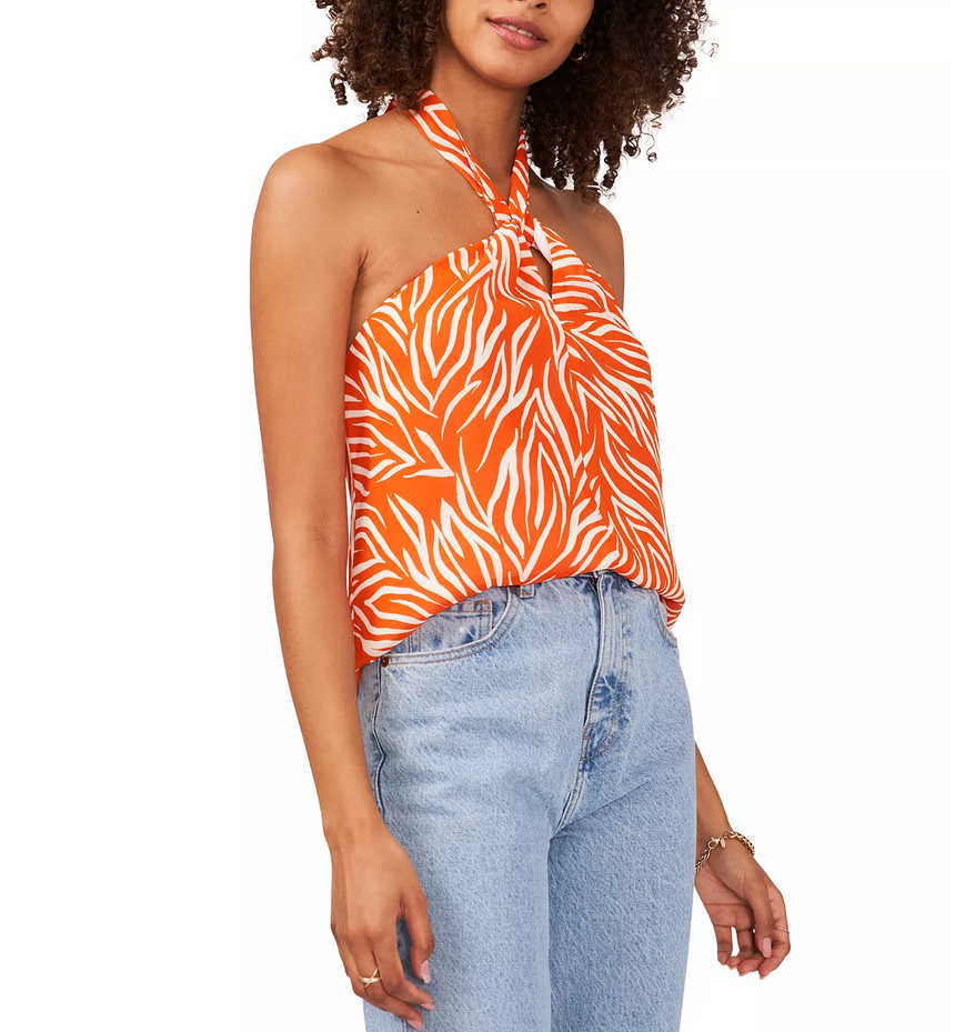 Vince Camuto Women's Zebra-Print Halter Blouse Orange Size XS 2392