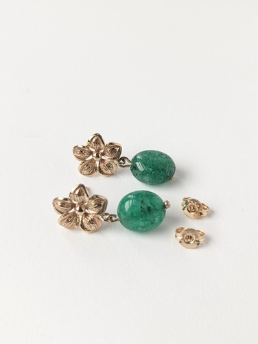 Vintage 9ct Gold Flower Emerald Green Cabochon Drop Earrings - Picture 6 of 11