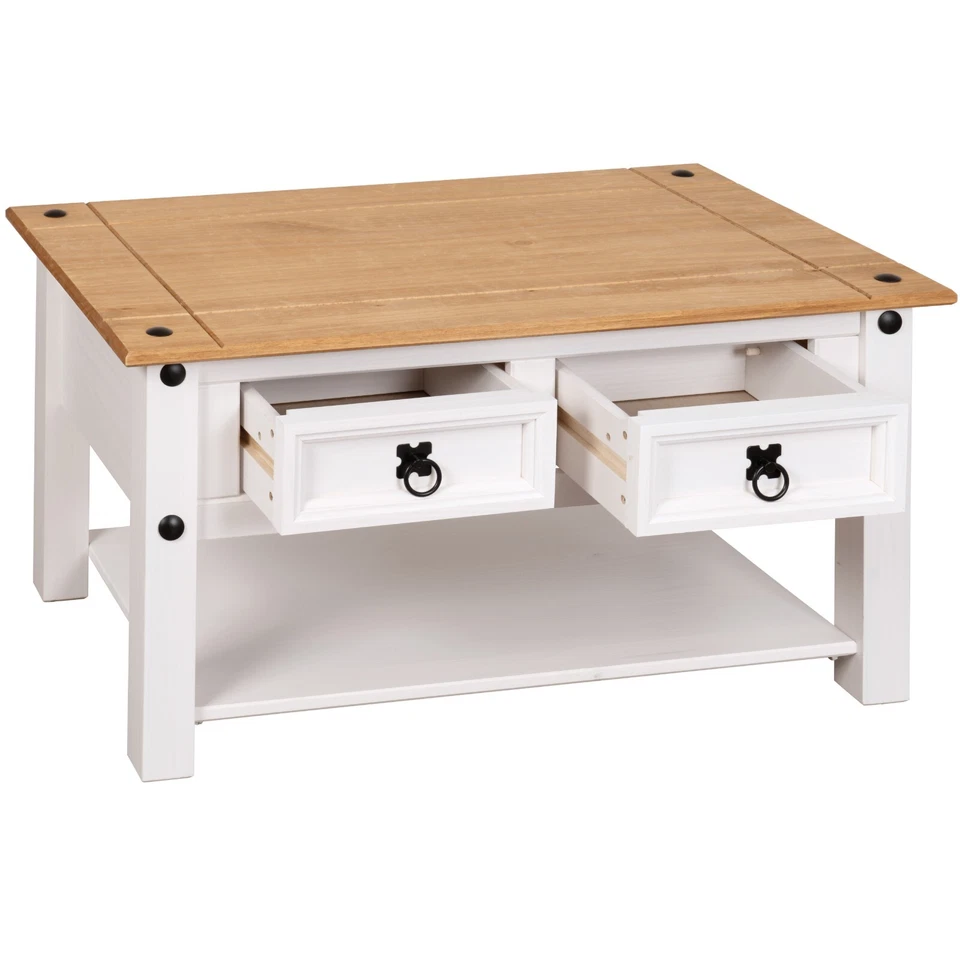 Corona White Coffee Table with 2 Drawers & Shelf Solid Mexican Pine Wood - Image 3 of 4