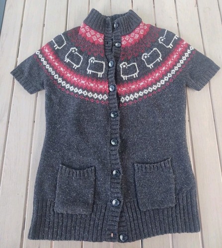 Woolrich Sweater Vintage Womens Med Grey Lamb Sheep Wool Fair Isle Short Sleeve