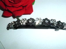 Vintage Black and White Rhinestone 4" Brass Floral Hair Barrette