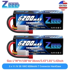 2x Zeee 11.1V 100C 6200mAh 3S LiPo Battery T Plug for RC Car Truck Tank Boat