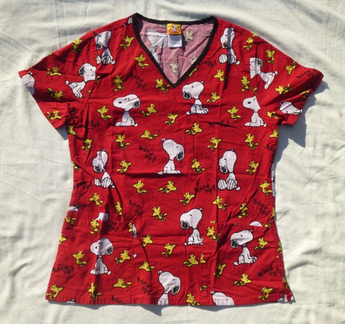 Womens Red Peanuts Snoopy & Woodstock Scrub Shirt Size S Small
