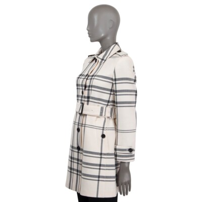 66813 auth BURBERRY LONDON off-white grey wool TARTAN CHECK Coat