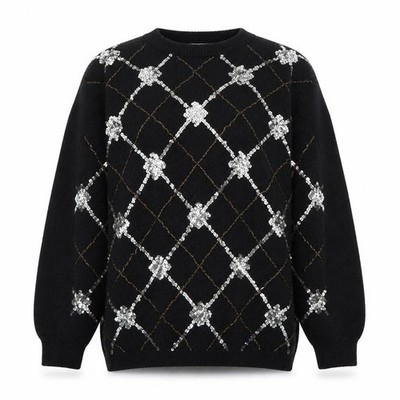 Alfred Dunner Damen Pullover Pulli Größe M Schwarz Rundhals Argyle/Diamant