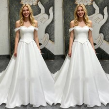 Classic Wedding Dresses Off The Shoulder Satin A Line Sweep Train Bridal Gowns