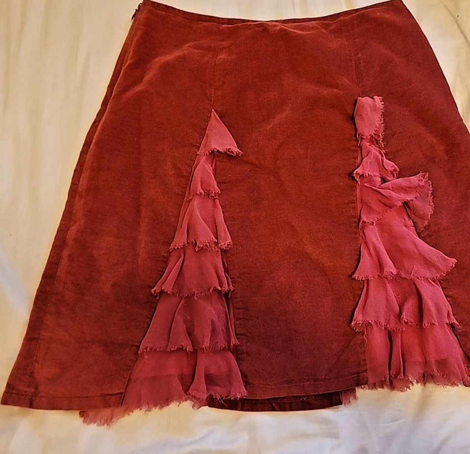 ODILLE Talla 10 Algodón Malva Terciopelo y Falda Seda Volantes Anthropologie con Volantes Foto 3 de 4