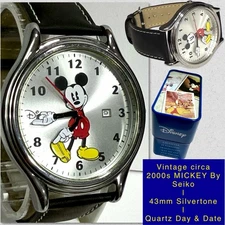 43mm MICKEY Hands for Hours & Minutes SEIKO Quartz Date Disney Watch + Tin Box