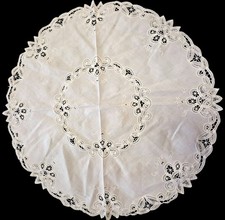 Vintage White Round Embroidered Linen Lace Tablecloth 34" Open Cut Work
