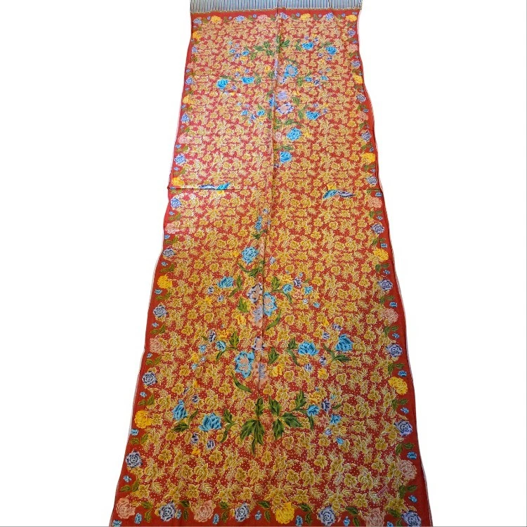 Brightly colored Indonesian batik fabric with floral design red terracotta blue - Image 2 of 4