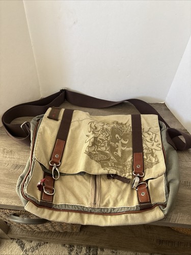 Vtg Fossil Canvas & Leather Crossbody Messenger Bag Khaki Brown Gray Adjustable