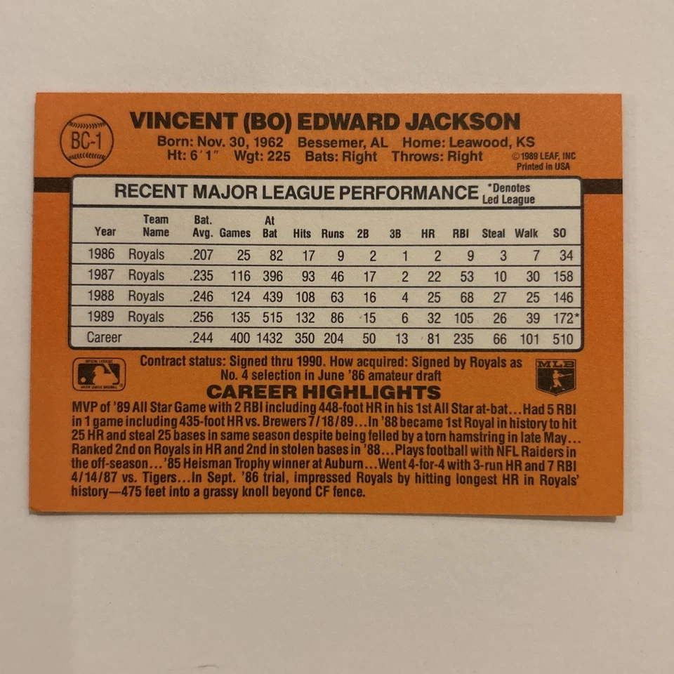 1990 年 Donruss MVP Bo Jackson #BC-1 错误卡橙色 MVP 号“After Inc On Back” — 第 3/4 张图片