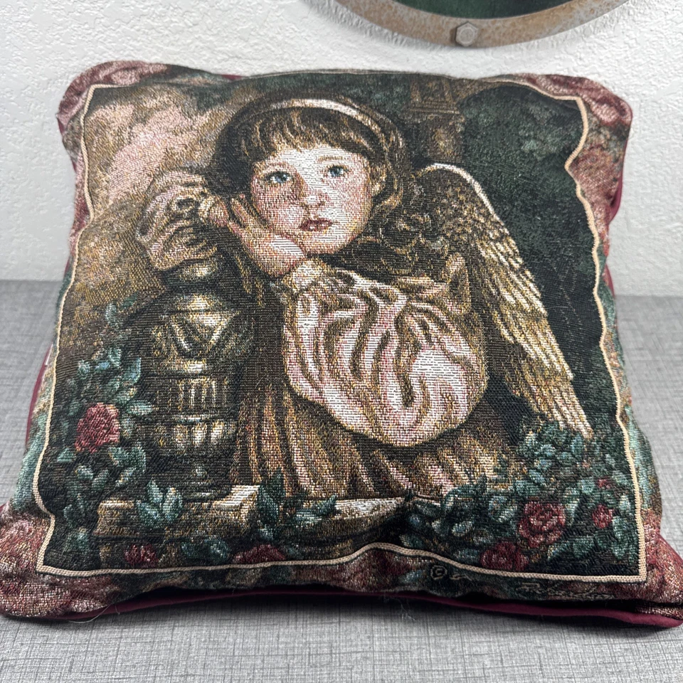 Donna Richardson Tapestry Throw Pillow 16”x16” Girl Angel Red Roses Double Sided - Image 3 of 4