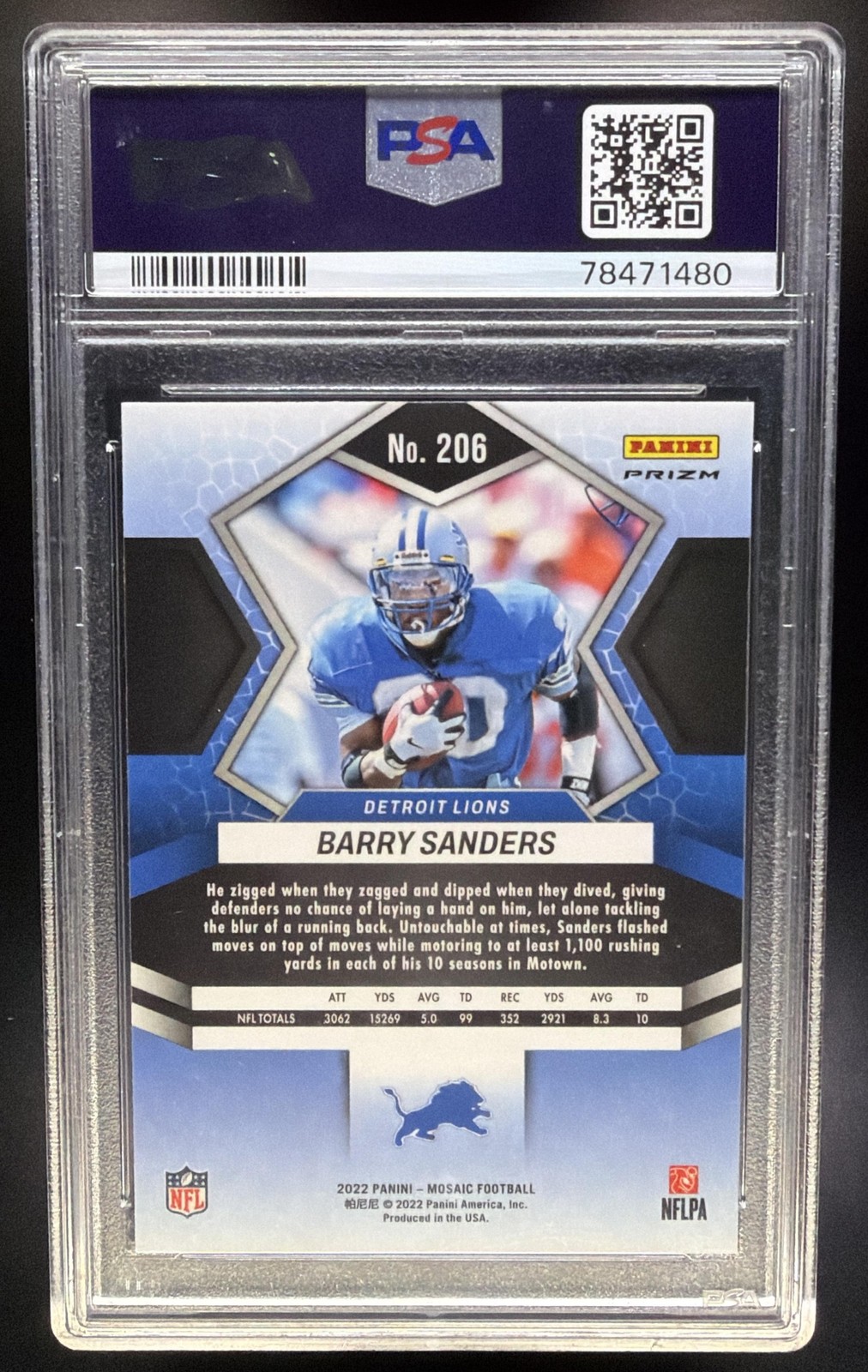 2022 Panini Mosaic Barry Sanders #206 Mosaic Genesis Lions PSA 10 view 2