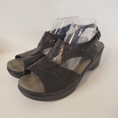 Dansko Floral Perforated Leather T-Strap Wedge Sandals Shoes 42 US 11.5 Black - Picture 2 of 10