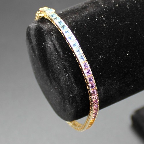10.26CT 14k Gold Multi NATURAL Gemstone Princess Rainbow Color Tennis Bracelet - Picture 3 of 24