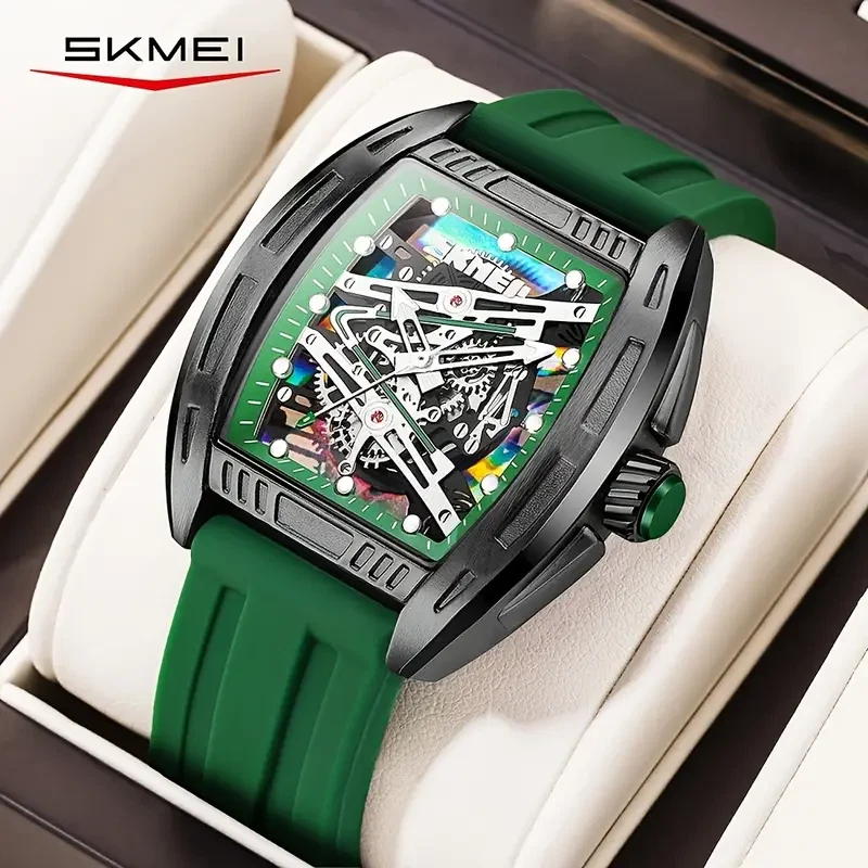 Luxury Green Skeleton Quartz Watch Luminous Barrel Case Silica Strap Men - Image 4 of 4