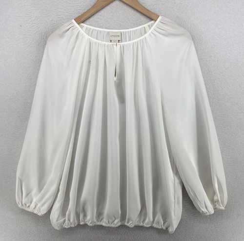 CHICO'S Blouse Size 1 M/8 Crepe Shirred Keyhole Neck Long Sleeve White NEW - 第 2/13 張圖片