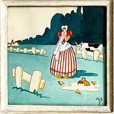 Albert Feuillastre Watercolor Perrette and Milk Pot La Fontaine Naïf Art 1949 