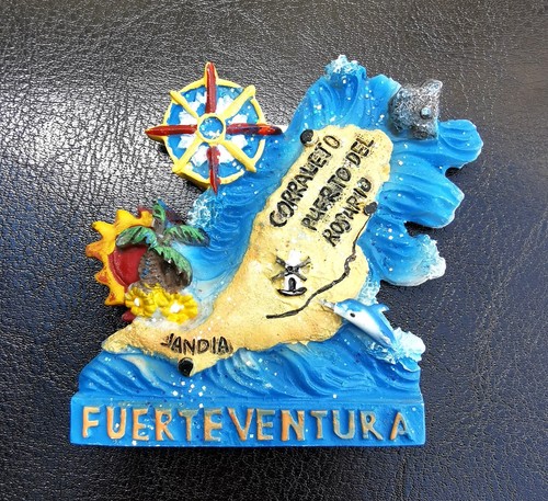 FRIDGE MAGNET 3D FUERTEVENTURA CANARY ISLANDS SPAIN MAP DOLPHIN WINDMILL RESIN