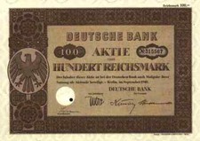 DEUTSCHE BANK 1940 Berlin Frankfurt Elberfeld Wien Prag Sofia 100 RM D&uuml;sseldorf