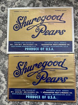 2 SHUREGOOD Mt. Adams White Salmon - 2 ORIGINAL PEAR CRATE Labels Berry Box