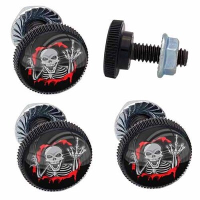 4 Vivid Black ABS License Plate Frame Hardware Tag Bolts SKULL FINGER FU RED RIP