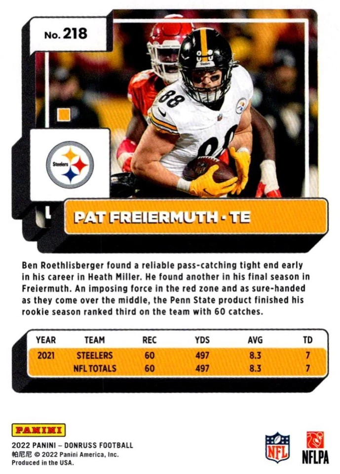 2022 Donruss Pat Freiermuth Pittsburgh Steelers #218 - Image 2 of 2